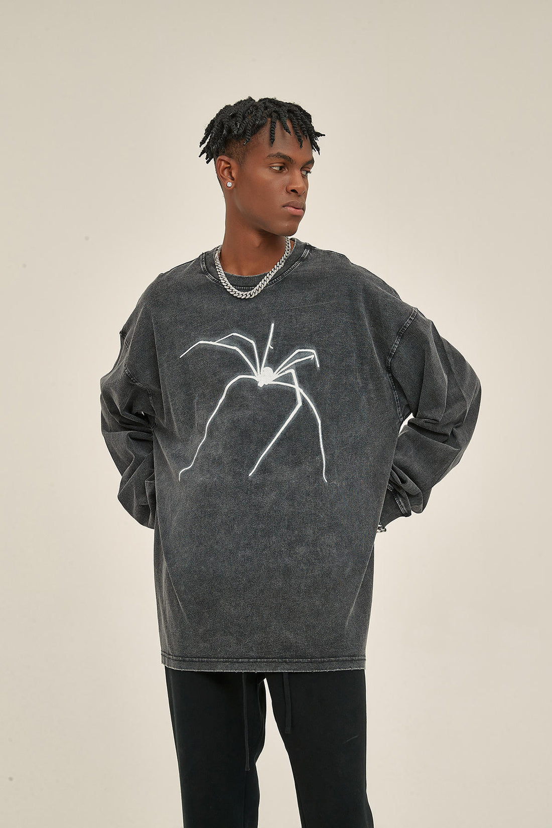 250G Washed Spider Print Men Long-Sleeved Sweatshirt