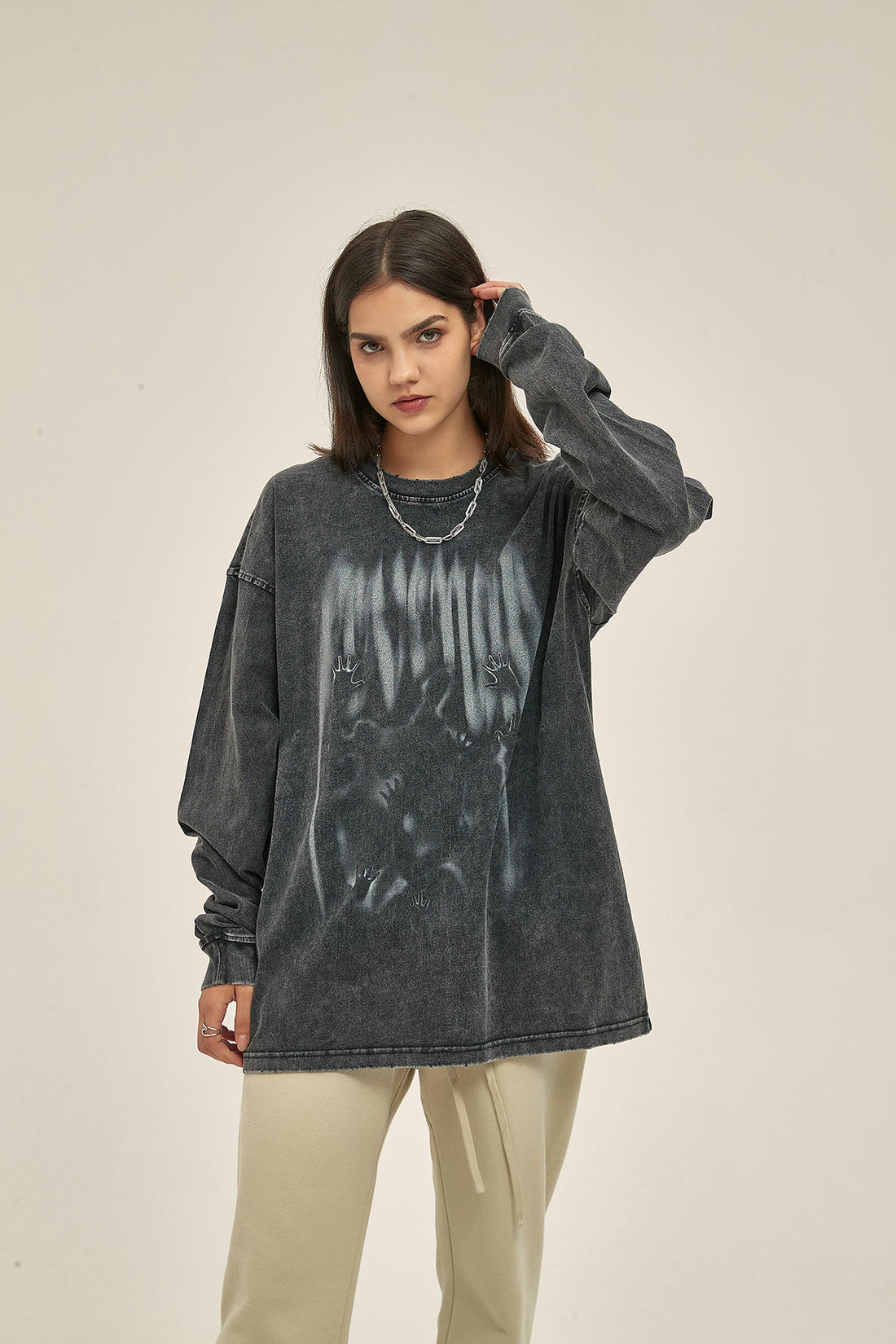 250G Washed Silhouette Print Women Long-Sleeved Sweatshirt