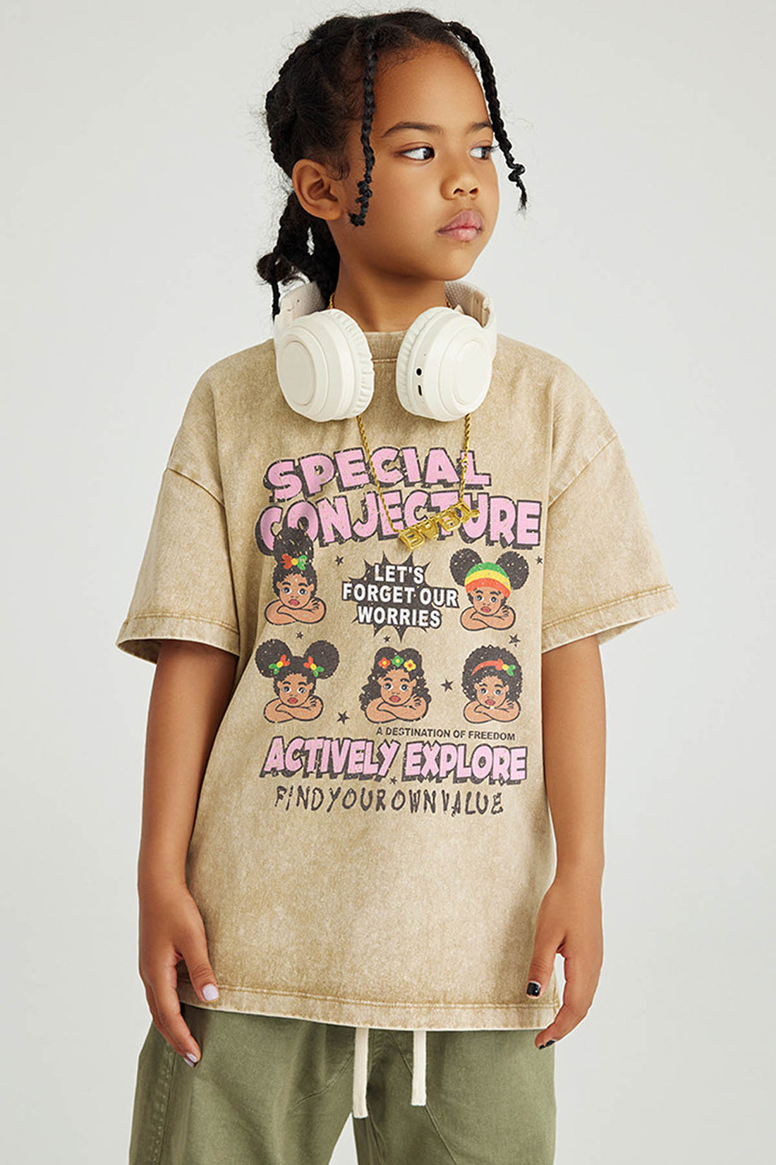 270G Washed Distressed Cartoon Print Kids T-Shirt