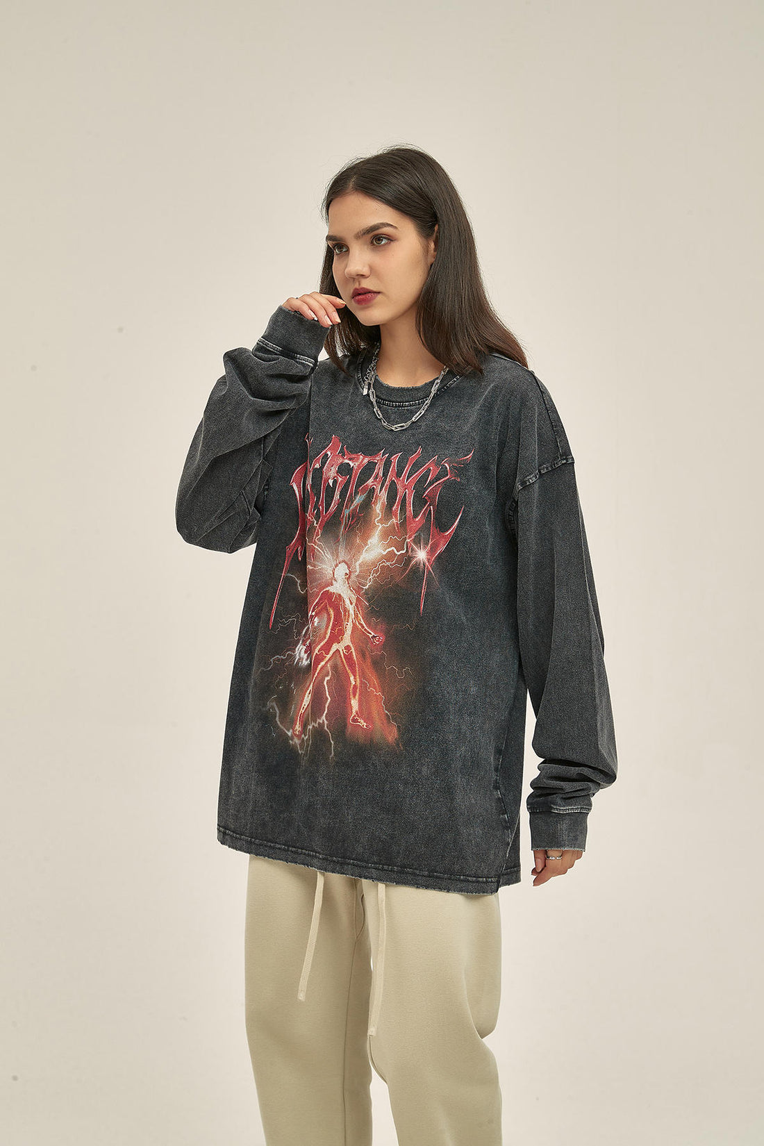 250G Washed Lightning Print Women Long Sleeve Sweatshirt