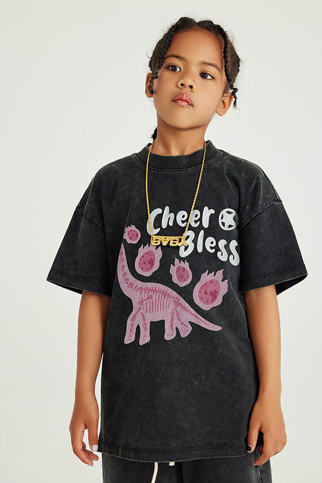 270G Washed Distressed Dinosaur Print Kids T-Shirt