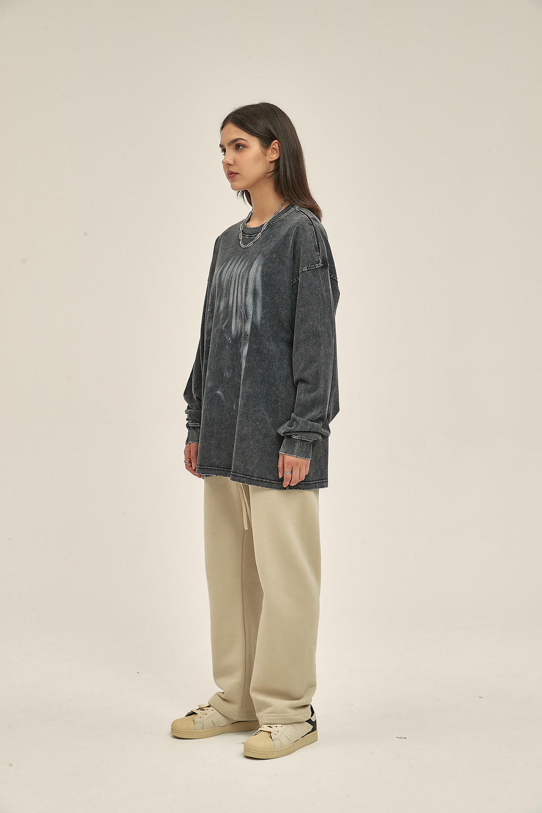 250G Washed Silhouette Print Women Long-Sleeved Sweatshirt
